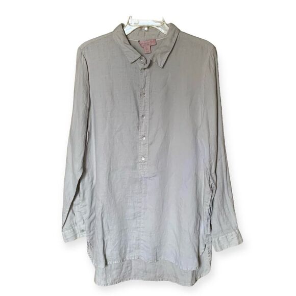 St. Tropez West Gray Linen Long Sleeve Collared Shirt with High/Low Hem - Large - Picture 1 of 8